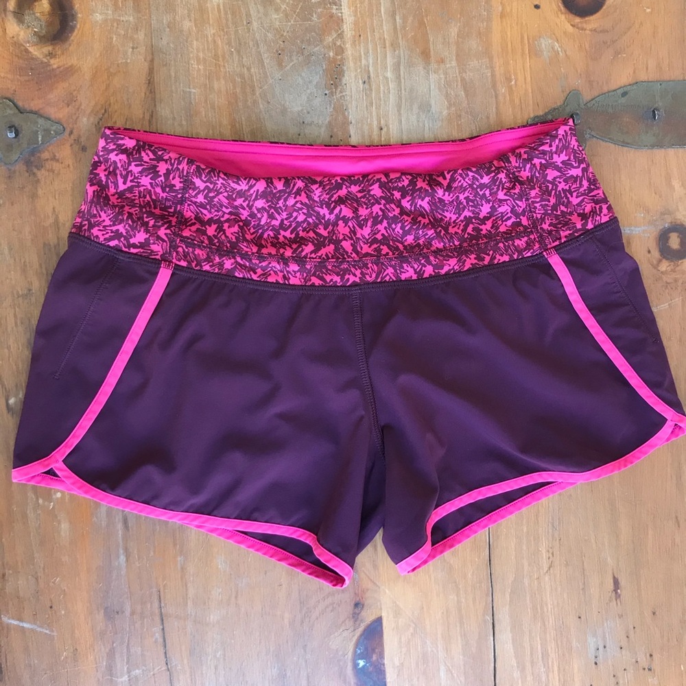 Maroon lululemon speed shorts with pink trim